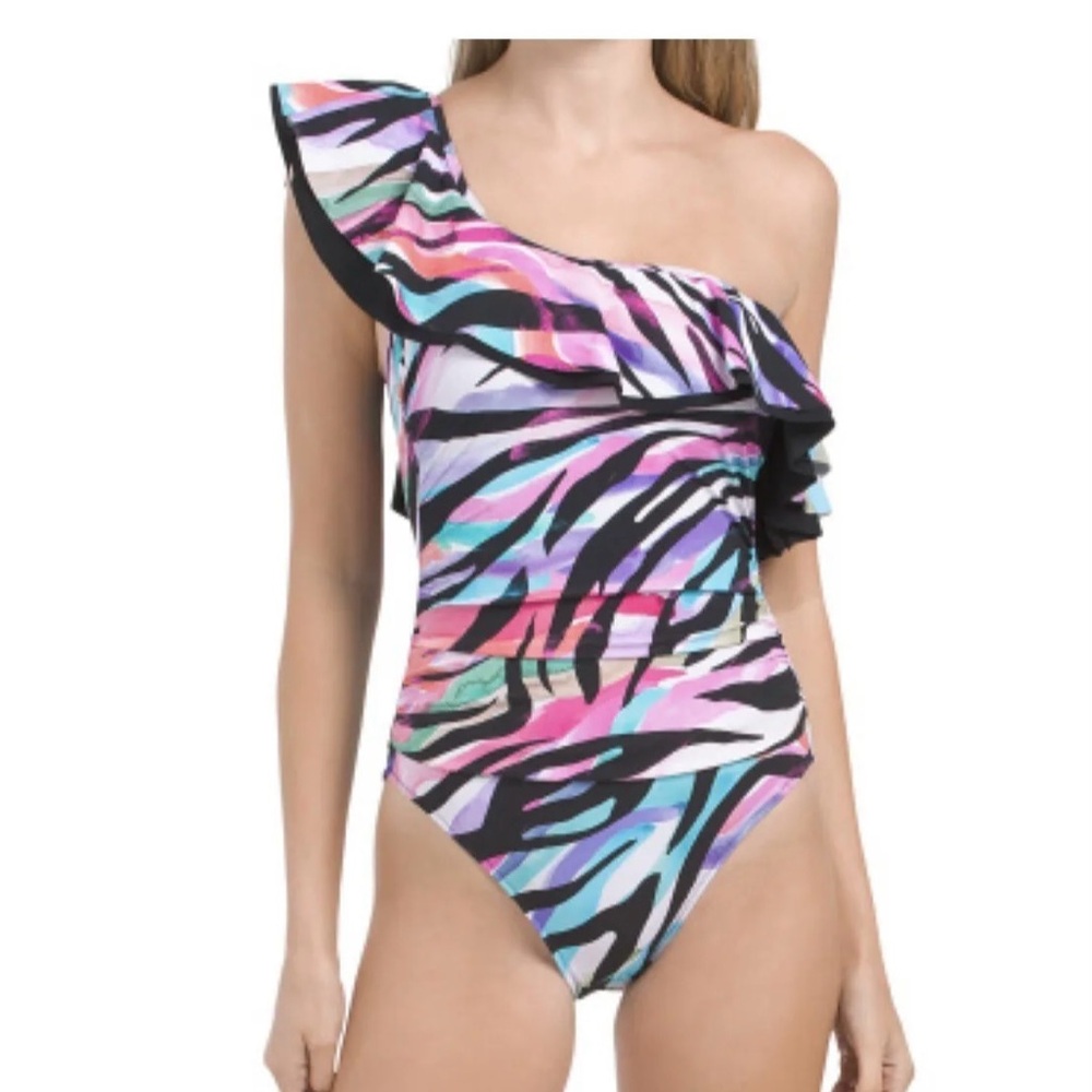 Profile by Gottex Tutti Frutti Ruffled One-Shoulder Tummy.Size 12